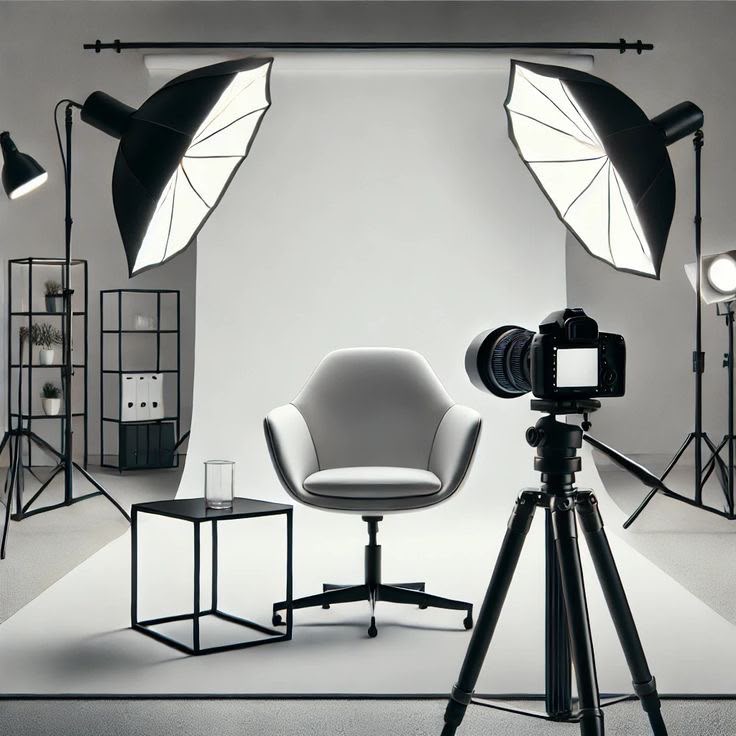 Piatto Creatives studio setup with softboxes, camera and backdrop